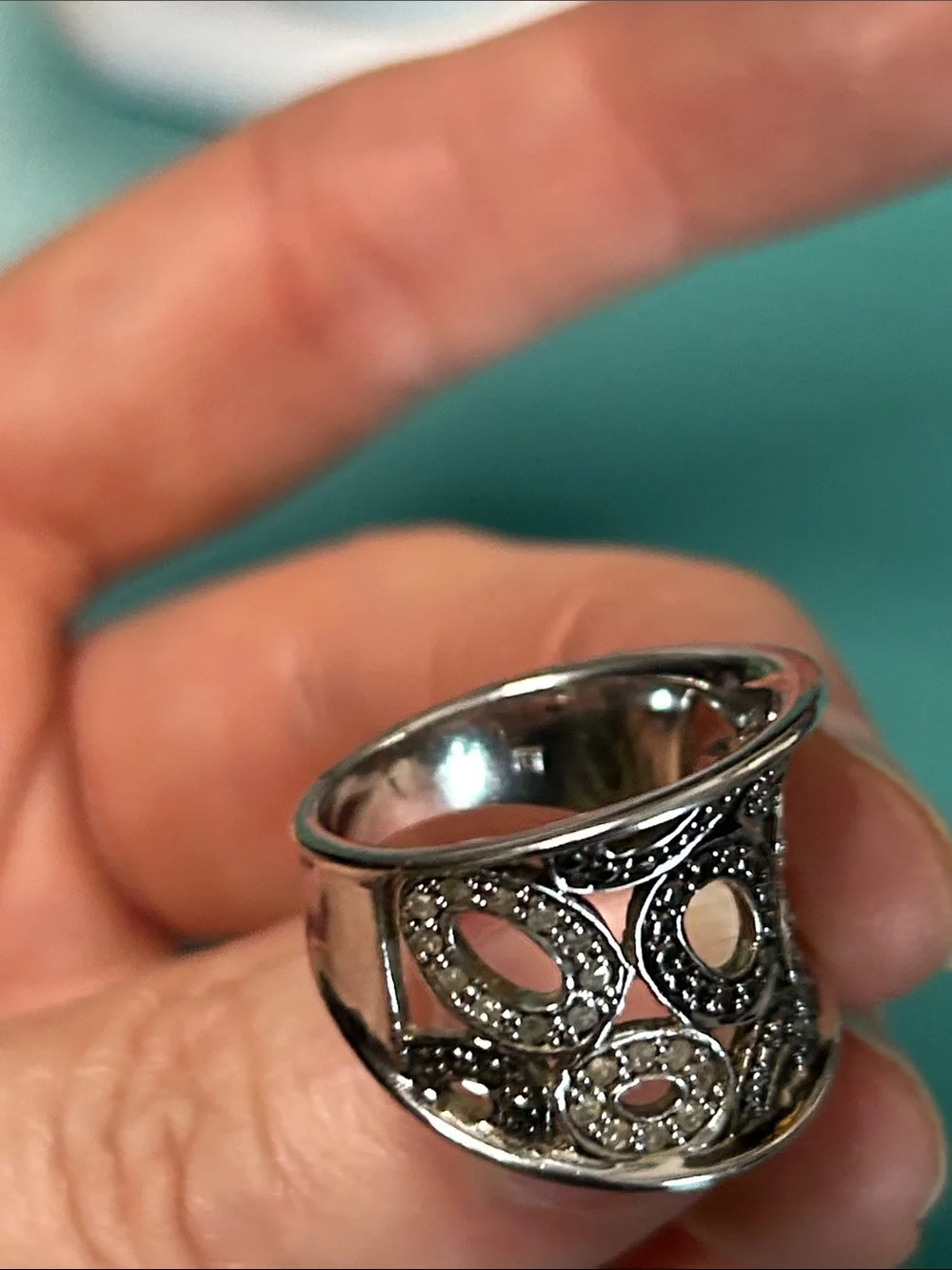 Art Deco Diamond Chip and Marcasite Wide Band Sterling Silver Ring size 6